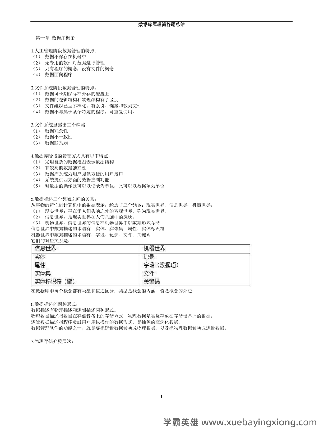 数据库原理期末考试复习题库(非常全面).doc-全文可读 - 04_《数据库原理》复习资料_《数据库原理》简答题总结_第1页_学霸英雄_www.xuebayingxiong.com 数据库原理期末考试复习题库(非常全面).doc-全文可读 - 04_《数据库原理》复习资料_《数据库原理》简答题总结_第1页_学霸英雄_www.xuebayingxiong.com