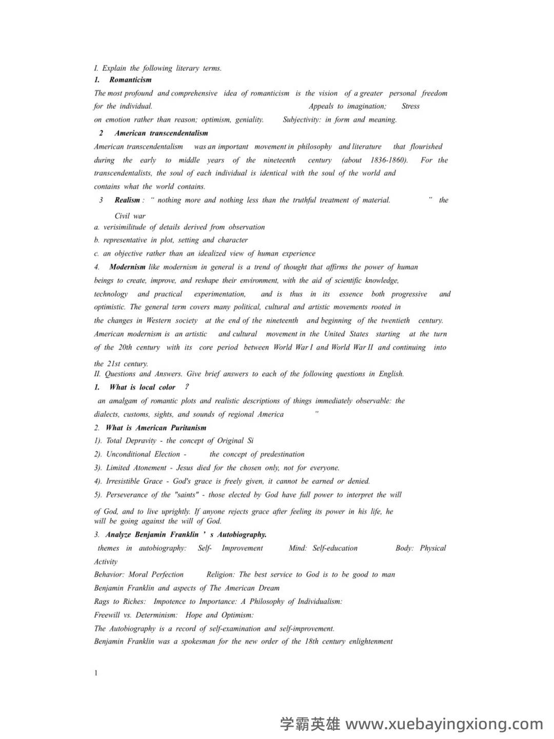 美国文学史及选读名词解释 - 01_《美国文学史》复习资料_《美国文学史》名词解释_第1页_学霸英雄_www.xuebayingxiong.com